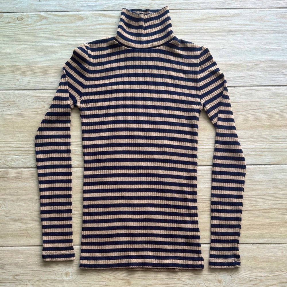 J. CREW Ribbed Long Sleeve Turtleneck Top Stripe Bernice Acorn Navy XXS